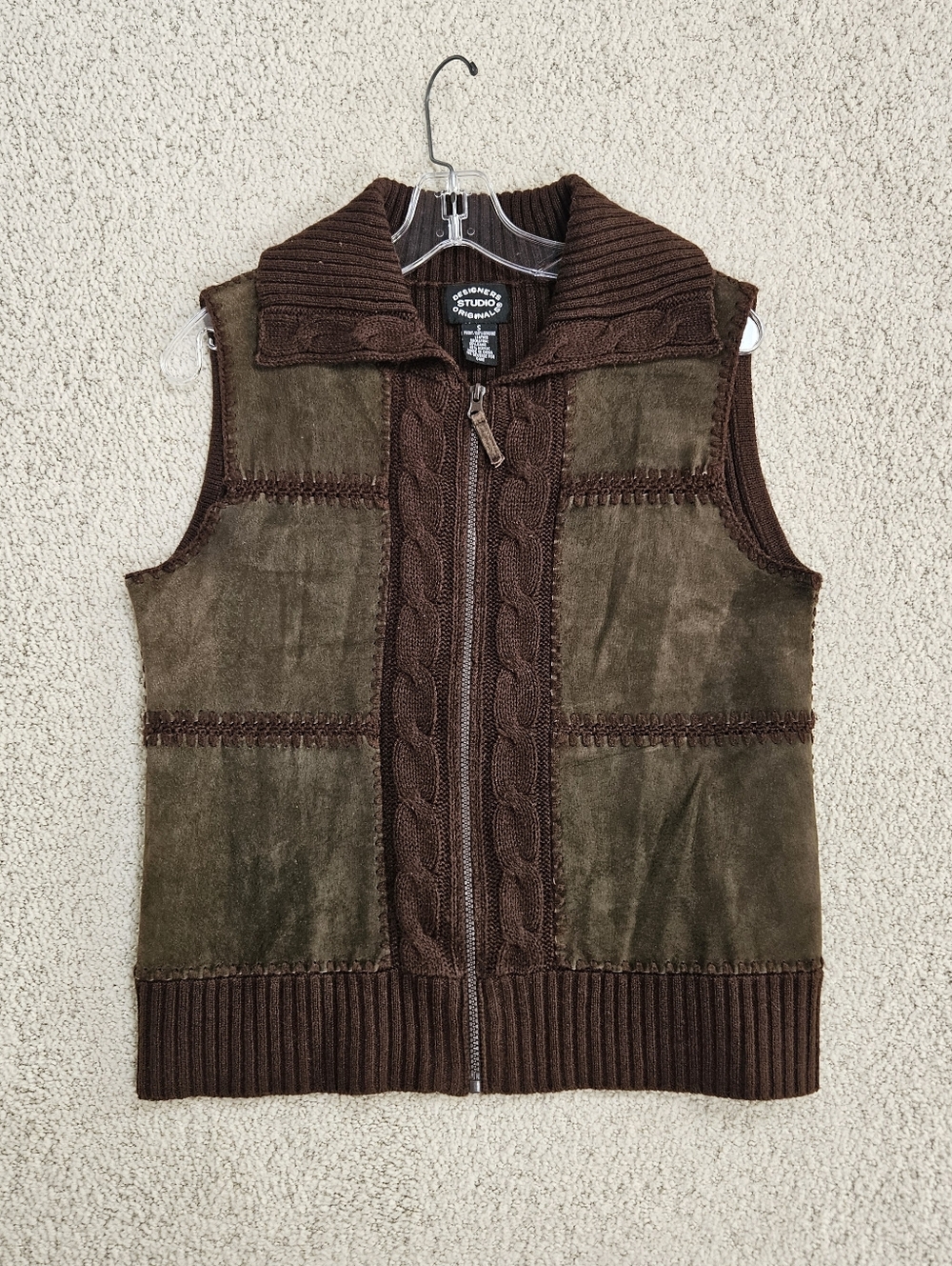 Leather Vest Womens Brown Crochet Patchwork Boho Hippie Festival Small Zip Up